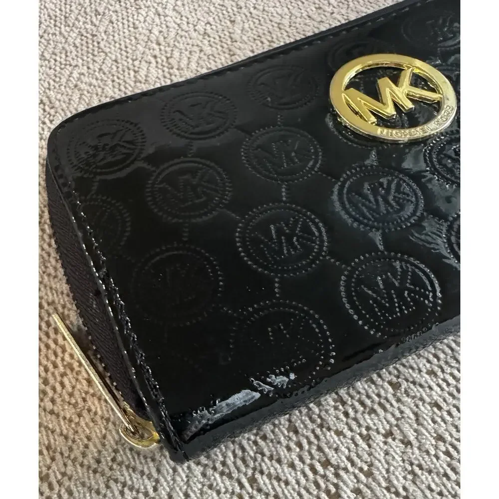 Michael Kors Jet Set Black Patent Leather Zip-Around Wallet Gold Plate MK Logo